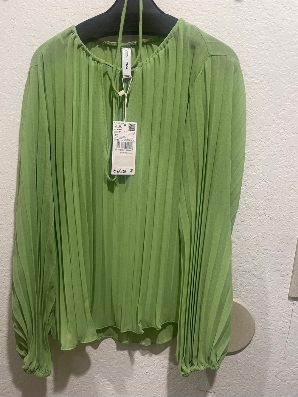 Mango Light Green Pleated Long-Sleeve Blouse